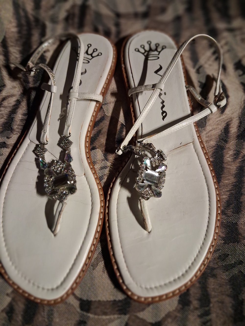 Nina White Crystal T‑Strap Sandals
